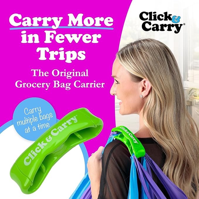 Click & Carry Grocery Bag Carrier Handle - Carry More in Fewer Trips, 100lb Capacity, Hands-Free, Gel-Padded Ergonomic Design, Shopping & Grocery Bag Holder - As Seen On Shark Tank, Green, 1 Pack