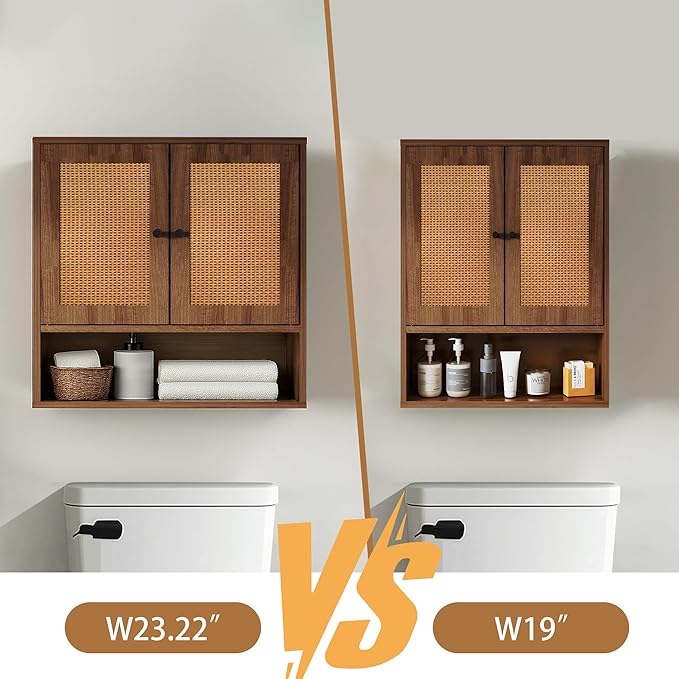 Bathroom Storage Cabinet,Rattan Cabinet Boho Chic Medicine Cabinet Over The Toilet Storage 3-Tier Cabinet Wall Mount with Double-Door for Kitchen,Dining Room,Living Room 19 x 7.68 x 24 in
