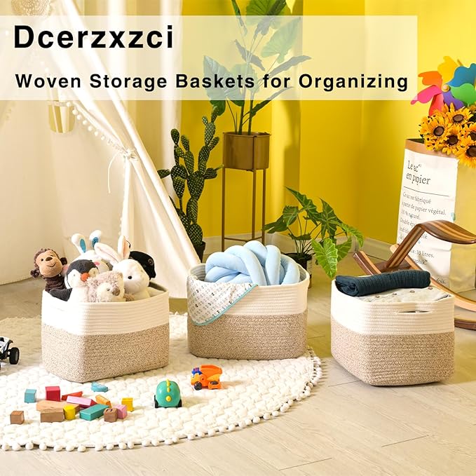 Storage Baskets for Organizing, Woven Storage Baskets for Shelves, Toy Storage Baskets for Kid's Room, Towel Baskets for Bathroom Nursery, 14.8"×11"×9.5", Pack of 3, Off White & Brown