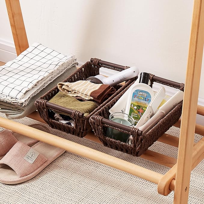 OIAHOMY Small Storage Baskets, Paper Rope Wicker Organizers with Wooden Handles, Baskets for Organizing, 2-Pack, Brown