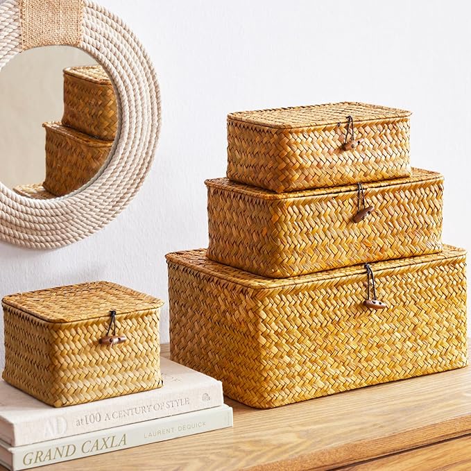 Wicker Storage Box with Lid, Handwoven Baskets for Storage, Rectangle Decorative Baskets Bins Container for Shelf Organizing Home, Set of 3, Natural