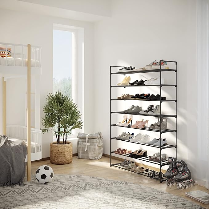 Shoe Rack - 8-Tier Shoe Organizer for Closet, Bathroom, Entryway - Shelf Holds 40 Pairs Sneakers, Heels, Boots by Home-Complete (Black)