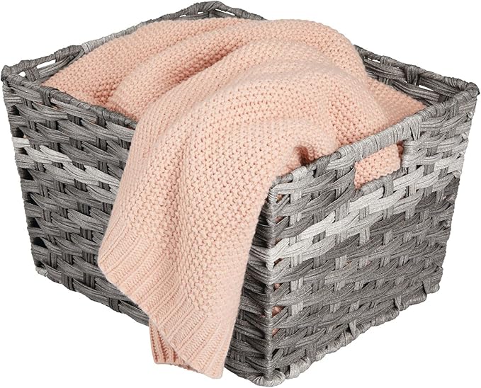 mDesign Wide Rectangular Woven Braided Rope Home Storage Baskets with Handles - for Organizing Closet, Bedroom, Bathroom, Living Room, Entryway, Office - 8.25" High, 2 Pack - Gray