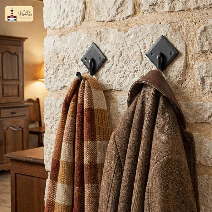 Mystic Colonial Rustic Cast Iron Wall Hooks, 3.6" Heavy Duty Coat Hooks for Coat, Bag, Towel, Hat & Robe, Mounting Hardware Included, Black, Pack of 1