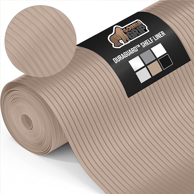 GORILLA GRIP DuraGuard Shelf Liner, Non-Adhesive Cabinet Liners for Kitchen Drawers, Shelves, Refrigerator, Pantry Storage, Bathroom Closet, Durable Waterproof BPA Free Ribbed Plastic, 20x10 Beige