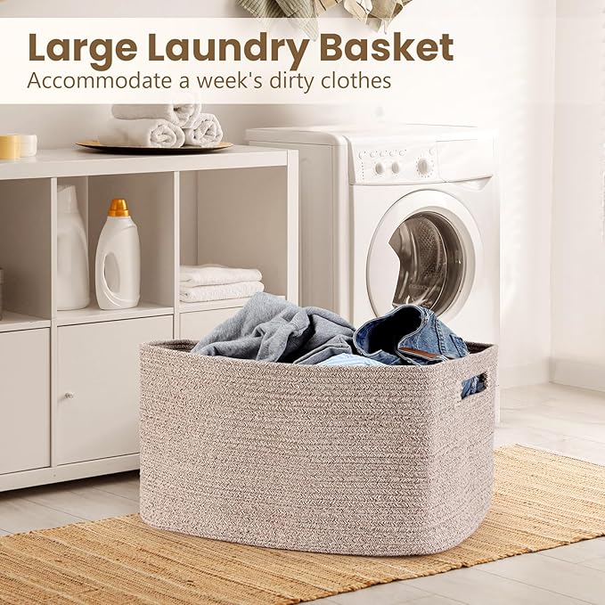 75L Large Blanket Basket, Woven Storage Baskets with Reinforced Handles, Rope Laundry Basket for Living Room, Bedroom, Nursery, Toys, Clothes,Pillows, 22â x 17â x 11.5â, Brown