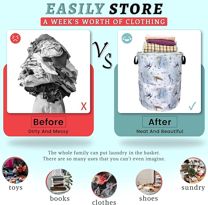 Colorful Octopus Seahorse Laundry Basket Foldable With Handles Tote Bag Oxford Cloth Funny Laundry Hamper Clothes Storage Bucket Toy Organizer 18.9" x 16.5" For Bathroom/Laundry/Bedroom