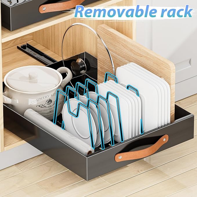 OVICAR Pull Out Cabinet Organizer - Adhesive Slide Out Drawer - 13.8" W x 16.3" D Heavy Duty Sliding Pantry Shelves Storage Drawers with 4pcs Divider Racks for Kitchen Bathroom Home, Black