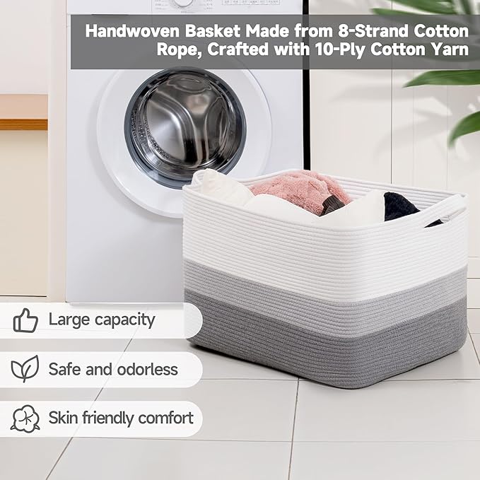 CLHMILY&Z Stylish Square Cotton Rope Storage Basket (Grey & White, 85L)