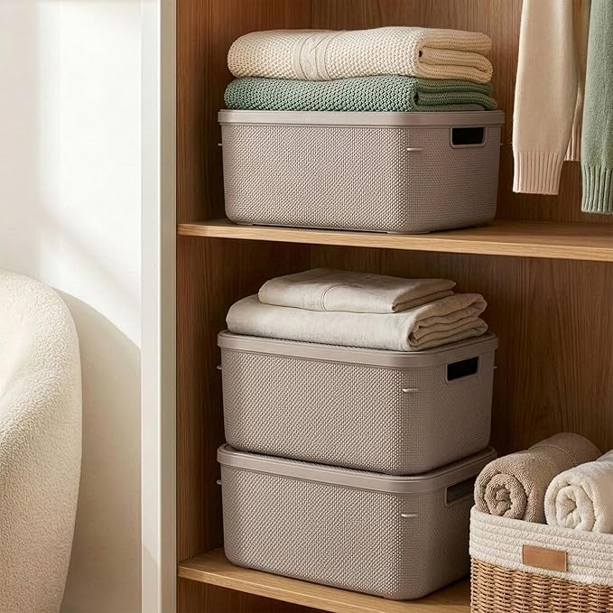 BINO | Plastic Storage Bins with Lids, 13 Liter - 3 Pack, Taupe | THE TWILL COLLECTION | Plastic Bins for Organization | Woven Storage Baskets for Organizing | Pantry Shelf Organizer Basket Bin