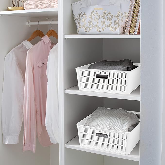 Simplify 4Pk Shallow Slide 2 Stack It Tote Basket | Storage & Organization | Open Bins with Stackable Capability | Bathroom | Crafts | Pantry | Playroom | Office | White