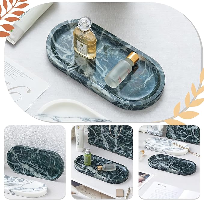 Natural Marble Tray, Green Stone Tray, Vanity Decorative Tray for Countertop, Catchall for Perfume, Candles, Skincare, Jewelry Dish, Bathroom Tray, Hotel Supplies