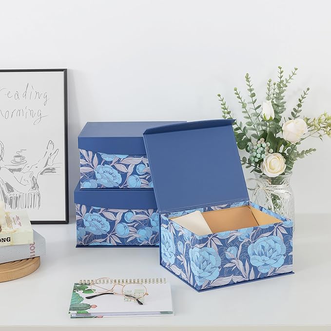 Soul & Lane Decorative Storage Boxes with Magnetic Closure, Set of 3 Memory Keepsake Boxes with Lids, Cardboard Storage for Gifts, Organizing, and Home Décor, Manor Blue