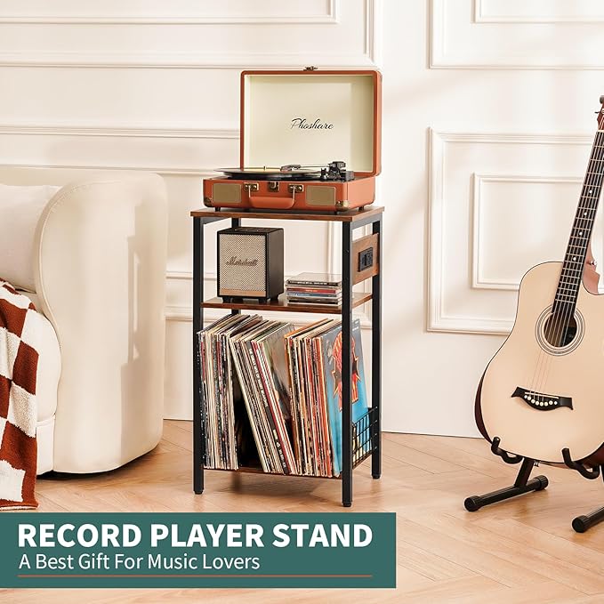 Yoobure Record Player Stand, 3-Tier White Side Table with Charging Station, Small End Table Record Holder with Vinyl Storage, Beside Tables Turntable Stand for Album CD, Night Stand for Living Room
