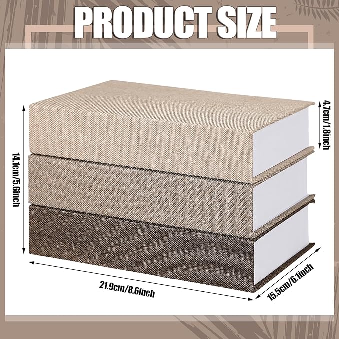 Tioncy 3 Pcs Fake Book Box Neutral Linen Book Box Decorative Faux Prop Storage for Farmhouse Home Decor shelf Table Card Photo DIY Keepsake Gift(8.6 x 6.1 x 1.8 Inch,Khaki, Dark Coffee, Light Coffee)