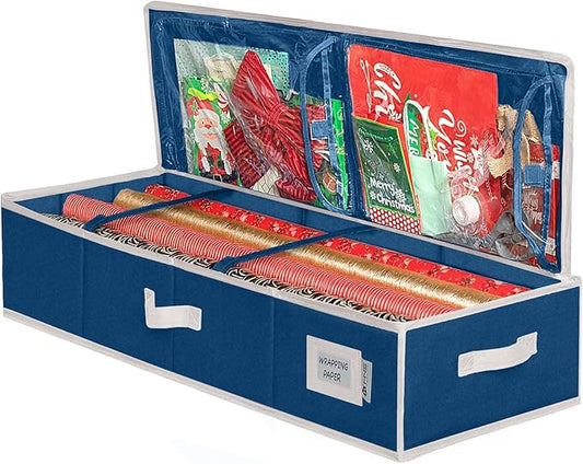HOLDN’ STORAGE Premium Wrapping Paper Storage Container - Durable 600D Tear-Proof, Fits 27 Rolls Gift Wrap, Extra Pockets for Ribbons & Bows, Underbed Storage - Ideal for Holiday Christmas, Blue