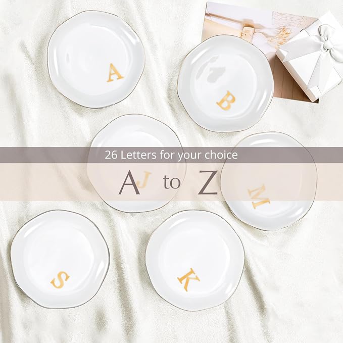 ProCase Ceramic Jewelry Tray, Initial Ring Dish Trinket Plate Engagement Gift, Small Personalized Monogram Ring Bowl for Wedding, White Decorative Jewelry Holder for Women Vanity -Letter K