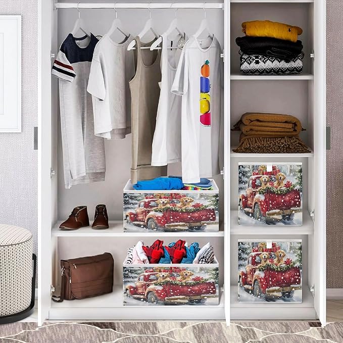 Bolaz Christmas Red Truck Two Dog Closet Organizers Storage Cubes Storage Bins Shelf Baskets Containers for Home Room Office,Rectangle