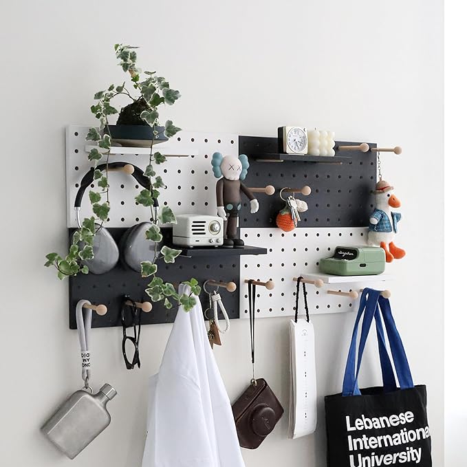 Wooden Pegboard Accessories Set: Modular Wall Hooks & Shelf for Garage, Office & Home Organization(Black Colored Finish-B)