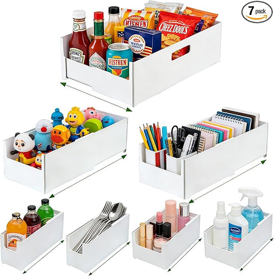 Adjustable Storage Bins for Home and Kitchen, Deep Stackable 7 Pieces Different Sizes Organizing Boxs for Cabinet Pantry Closet Refrigerator and Cupboard in White Plastic，WH-AD-White-Set-7PC
