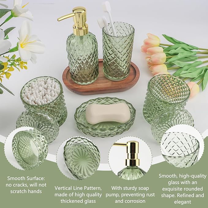 5Pcs Glass Bathroom Accessories Set,Green Vintage Bathroom Accessory Set, Bathroom Counter Sink Toothbrush Holder Set Includes Hand/Lotion Soap Dispenser & Tumbler & Soap Dish & Qtip Holders