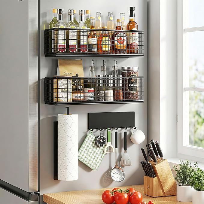Magnetic Organizer For Refrigerator,With Spice Rack,Hooks Paper Towel Holder Utensils Racks, For Traeger Grills Of Washing Machine Side (Black, 4-Pack)