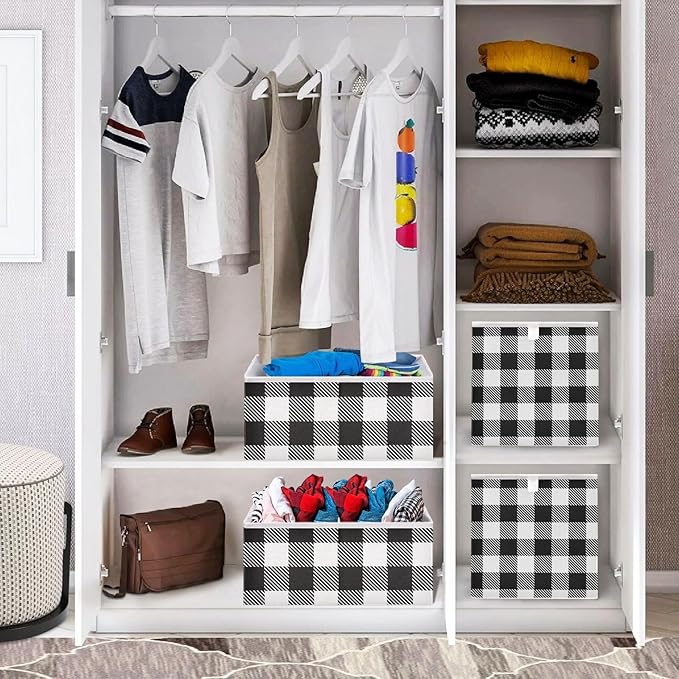 Blueangle White Black Buffalo Plaid Cube Storage Bin, 11 x 11 x 11 in, Large Collapsible Organizer Storage Basket for Home Décor