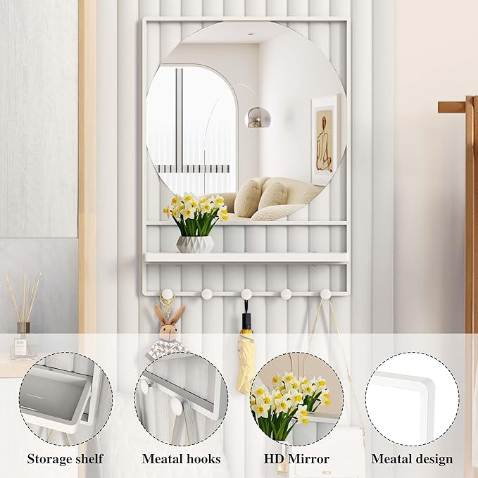 WONSTART 21" X 28" Wall Mirror with Shelf and Hooks,Entryway Mirror with Hooks, Metal Framed Bathroom Mirror with Shelf for Bathroom, Bedroom, Living Room (White, 21 x 28)