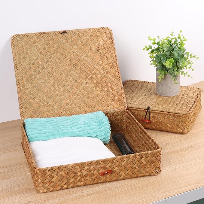 Flat Wicker Shelf Baskets with Lid, Seagrass Woven Basket Boxes for Storage Basket Bins Multipurpose Home Decor Organizer (Natural Small)
