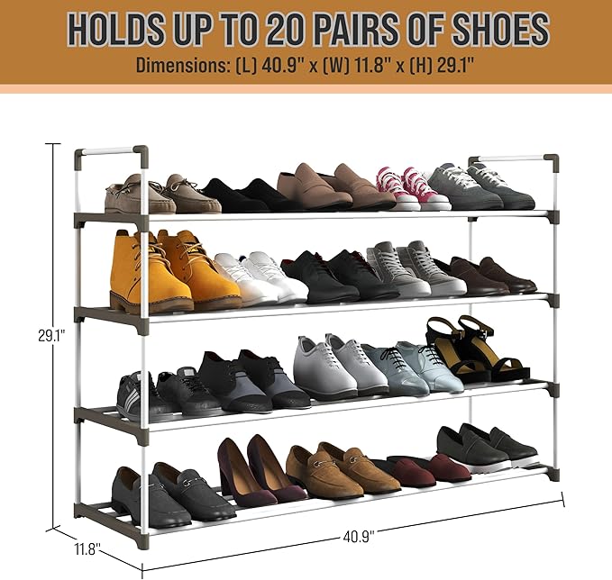 Shoe Rack - 4-Tier Shoe Organizer for Closet, Bathroom, Entryway - Shelf Holds 20 Pairs Sneakers, Heels, Boots by Home-Complete (White)