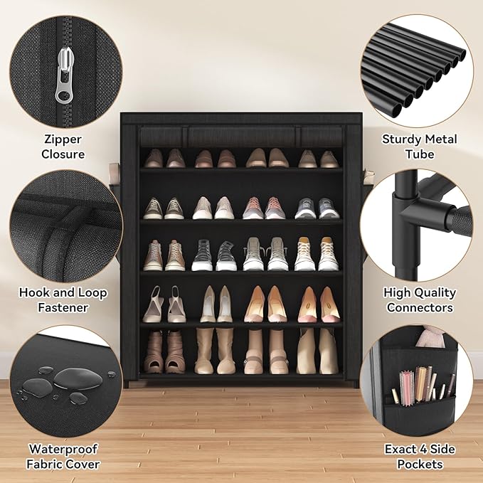 Shoe Rack with Cover, 5 Tier Shoe Organizer Storage for 20-24 Pair Shoes and Boots Large Shoe Storage Shelf Space Saving Vertical Shoe Rack for Closet, Front Door Entrance, Dorm, Garage