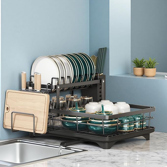 Carbon Steel Dish Rack & Utensil Holder - Space Saving 2-Tier Kitchen Counter Organizer, Rust-Resistant Drainage for Small Kitchens