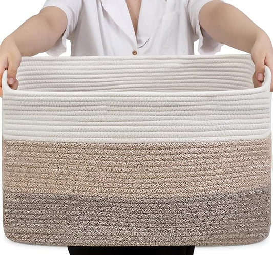75L Large Blanket Basket, Woven Storage Baskets with Reinforced Handles, Rope Laundry Basket for Living Room, Bedroom, Nursery, Toys, Clothes, Pillows, 22â x 17â x 11.5â, White & Brown