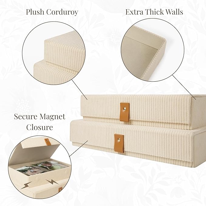 Cozy Corduroy Decorative Keepsake Storage Boxes with Lids - Set of 2 Giftable Haven Boxes For Photos, Memory Box, Bookshelf Decor, Photo Box, Keepsake Storage, Home Décor, Manage Clutter
