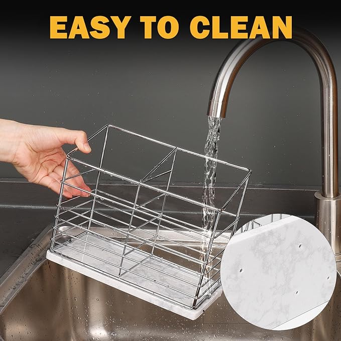 Utensil Holder for Kitchen Counter, Metal Utensil Holder Rack for Kitchen Countertop, Cooking Tools Storage for Spatula, Utensil Organizer with Marble Base, and Drainage Hole (Chrome Marble)