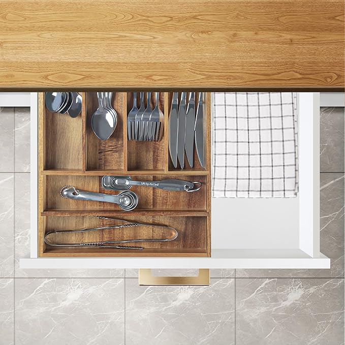 Acacia Wood Silverware Organizer, Kitchen Utensil Drawer Organizer for Forks, Knives & Spoons, 6-Compartment Cutlery Tray, Flatware Holder