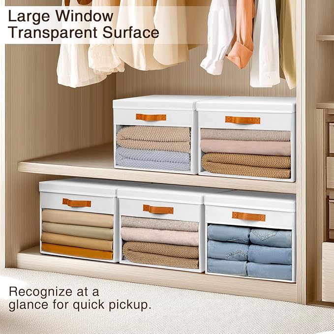 Large Storage Bins with Lids - 4 Pack Foldable Decorative Organizers with Clear Windows & Handles, Cube Storage Organizers for Clothes, Blankets, Sweaters, Sheets, White