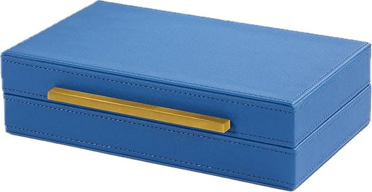 Blue Small Decorative Box with Brushed Gold handle, Faux Leather Keepsake and Memory Box, Home Storage Box with Lid for Modern Home, Jewelry Organizer Box (Blue-Gold, 1pack)