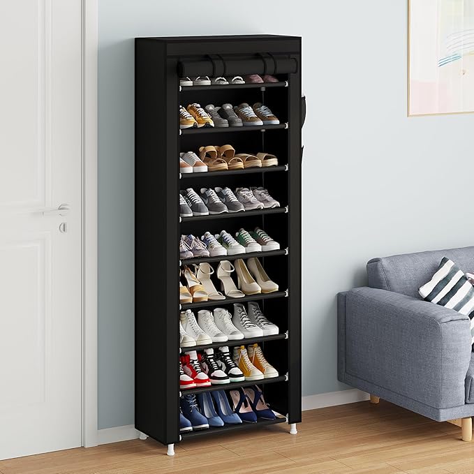 Calmootey 9 Tier Shoe Rack Organizer,Portable Shoe Shelf with Nonwoven Fabric Cover for Closet Hallway,Bedroom,Entryway,Black | Organizer, for Closet, Hallway, Bedroom, Entryway