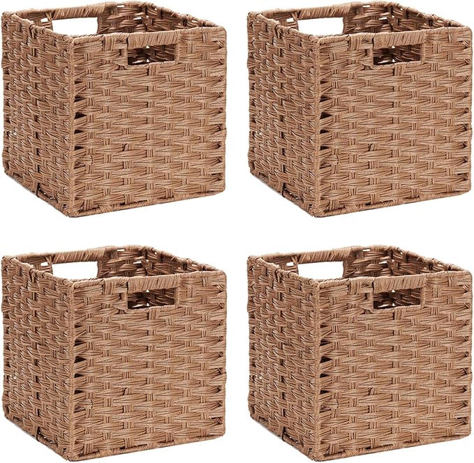 DULLEMELO Wicker Storage Cubes - Foldable Wicker Baskets Set of 4, 11x11x11 inch for Organizing Closet, Clothes, Toys - Brown