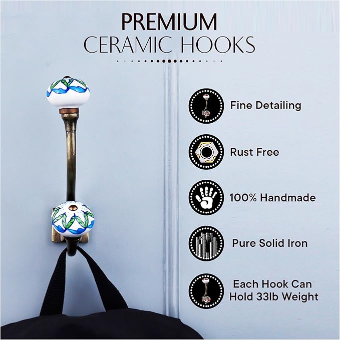 Indian Shelf Pack of 12 Heavy Duty Double Prong Multicolor Decorative Coat Hooks Unique Coat Rack Wall Mount Ceramic Wall Hooks for Hanging Towel Holder Backpack Purse Hanger- Style 10