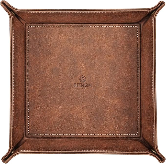 SITHON Valet Tray Desktop Storage Organizer â Premium PU Leather Catchall Bedside Vanity Tray Nightstand Caddy Holder for Keys, Phone, Wallet, Coin, Valentine's Day Gift, Brown