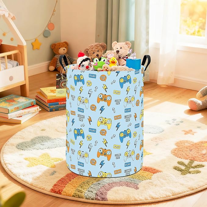 HUNRUNG Laundry Hamper,Large Canvas Fabric Lightweight Storage Basket Toy Organizer Dirty Clothes Collapsible Waterproof for College Dormsï¼Round-Color Gameï¼