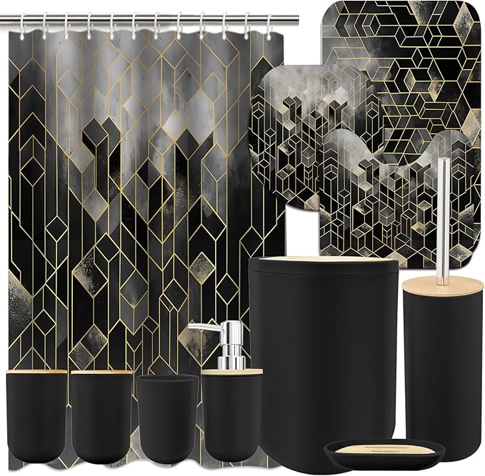 Lnond Black Bathroom Set, Black Abstract Cubes Bathroom Accessories Sets Complete, Luxury Restroom Set with Shower Curtain and Rugs, Trash Can, Toilet Brush Holder Set & Soap Dispenser