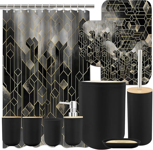 Lnond Black Bathroom Set, Black Abstract Cubes Bathroom Accessories Sets Complete, Luxury Restroom Set with Shower Curtain and Rugs, Trash Can, Toilet Brush Holder Set & Soap Dispenser