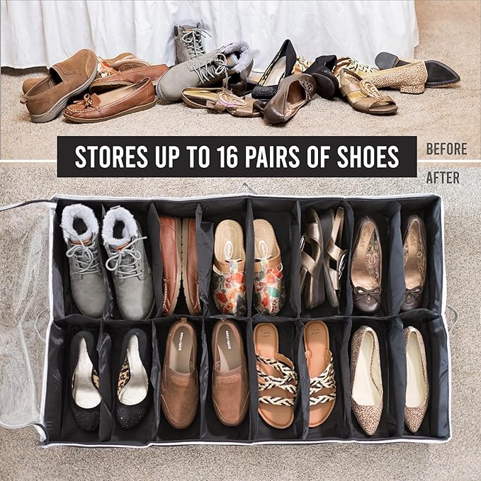 HOLDN' STORAGE Extra-Large Under Bed Shoe Storage Organizer - Underbed Storage Solution Fits Men's and Women's Shoes, High Heels, and Sneakers with Durable Vinyl Cover & Extra-Strong Zipper - Black