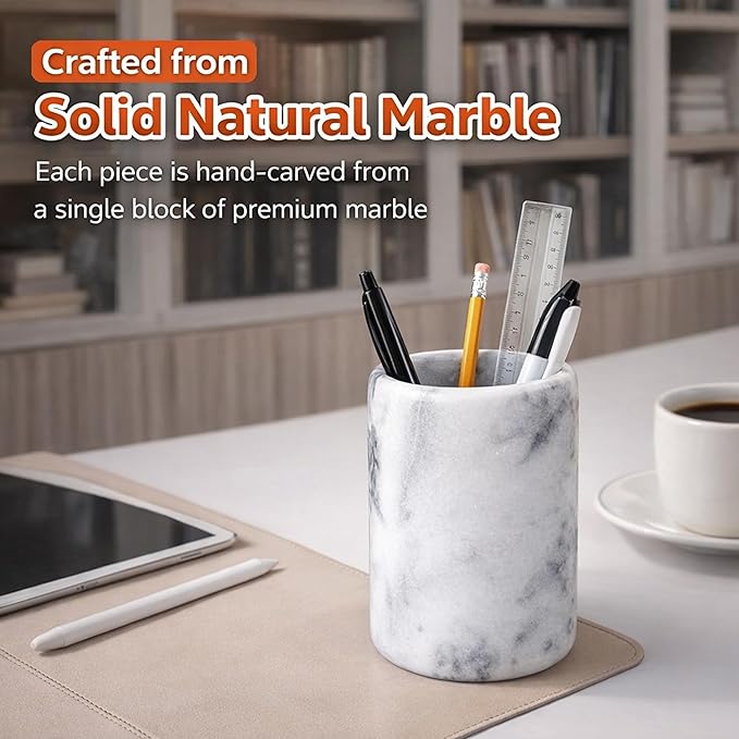 Creative Home Solid Natural Marble Pen Holder â Heavyweight Pencil Cup Organizer for Desk, Vanity, or Bathroom, 3.3" Diameter x 4.5" Height, Off-White with Unique Stone Patterns