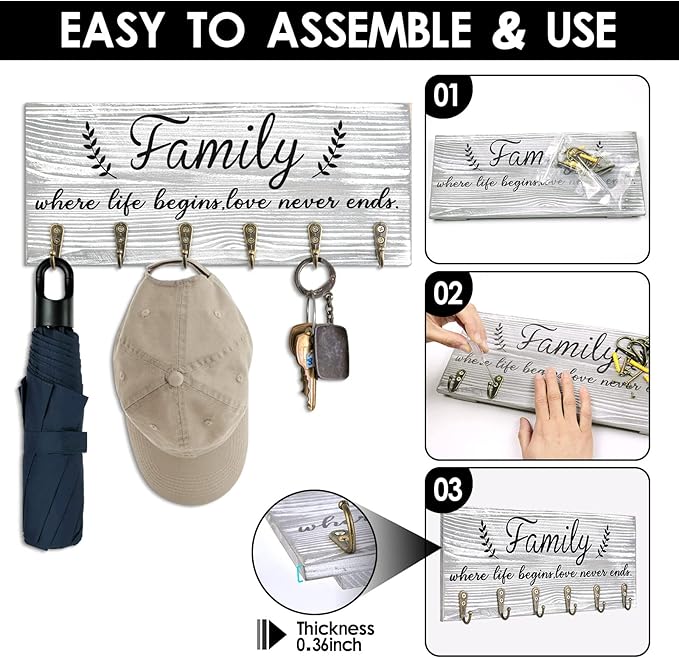 AHYS Key Holder Wall Mount Rustic Wooden Key Rack with 6 Hooks for Farmhouse Home Entryway Living Room Decor - Light Grey