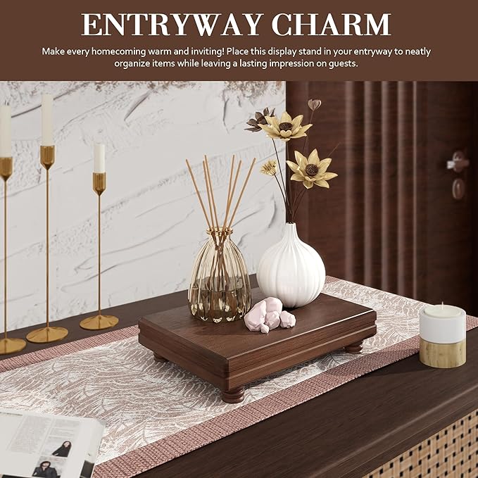 EOSAHR Decorative Tray Pedestal Stand for Home and Kitchen â Farmhouse Bathroom Counter Organizer & Soap Holder for Bathroom Decor - Wooden Tray to Elevate Home Decor (Brown)