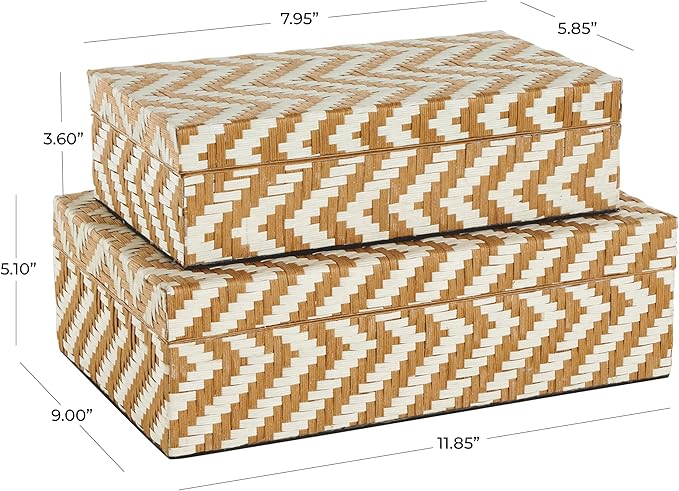 Deco 79 Paper Geometric Handmade Decorative Box Woven Zig Zag Storage Decorative Keepsake Box with Cream Accents, Set of 2 Storage Box 12", 8"W, Brown